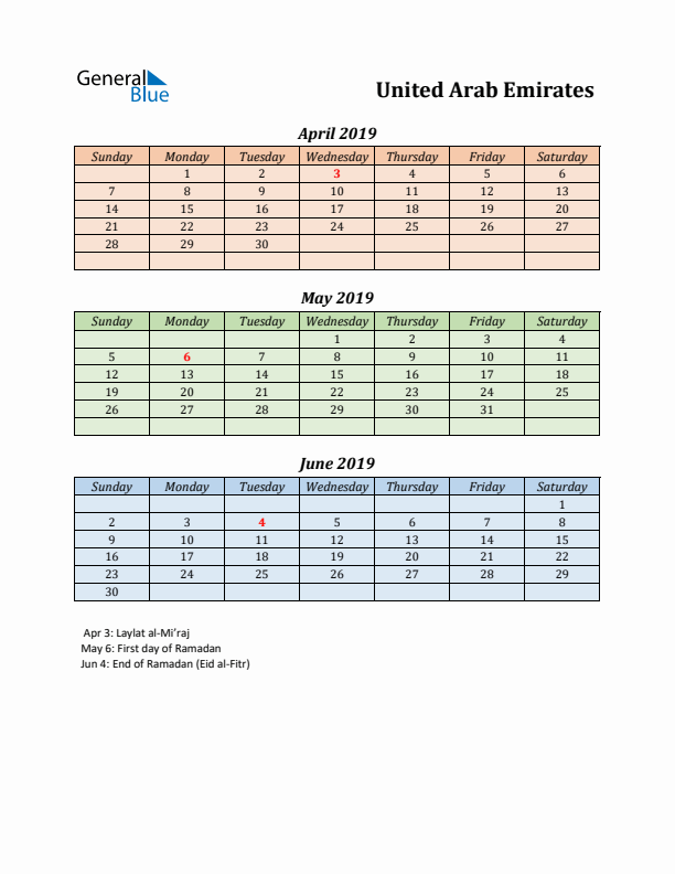 Q2 2019 Holiday Calendar - United Arab Emirates