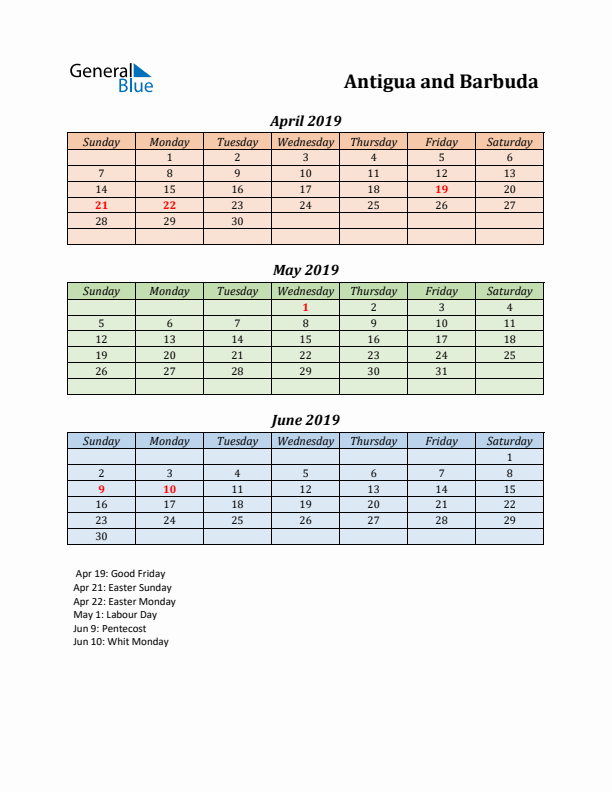 Q2 2019 Holiday Calendar - Antigua and Barbuda