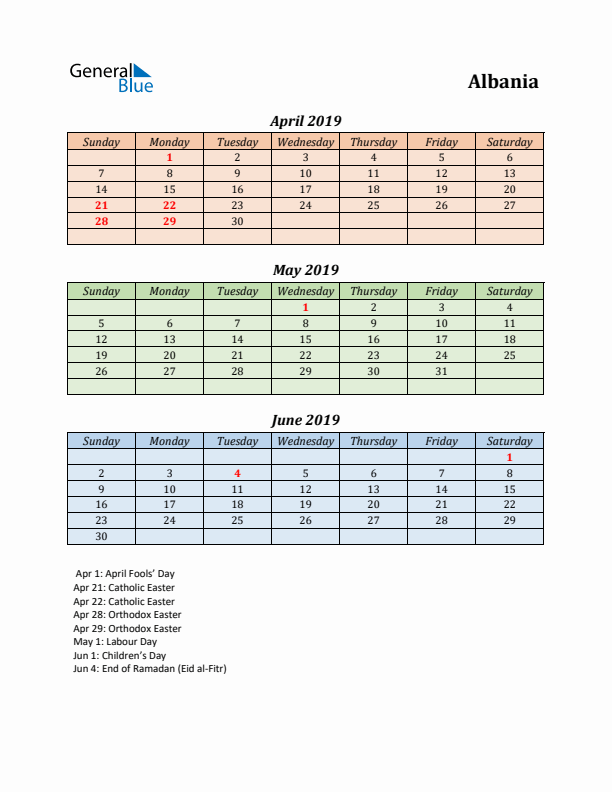 Q2 2019 Holiday Calendar - Albania