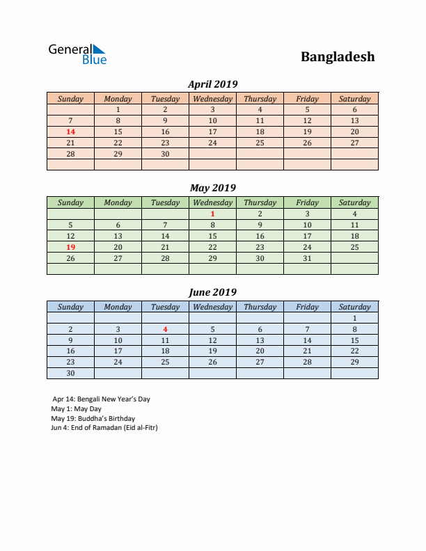 Q2 2019 Holiday Calendar - Bangladesh