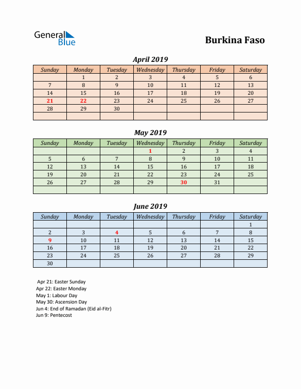 Q2 2019 Holiday Calendar - Burkina Faso