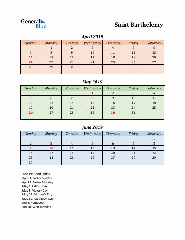 Q2 2019 Holiday Calendar - Saint Barthelemy