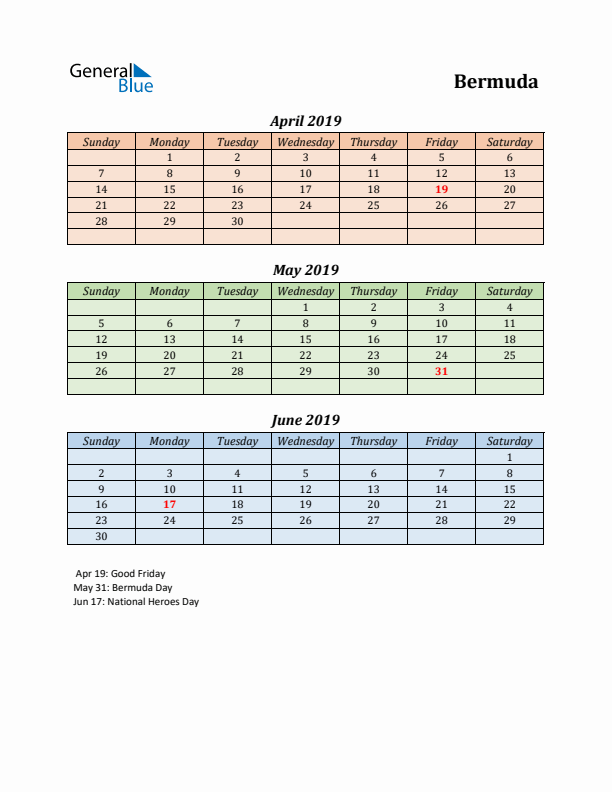 Q2 2019 Holiday Calendar - Bermuda