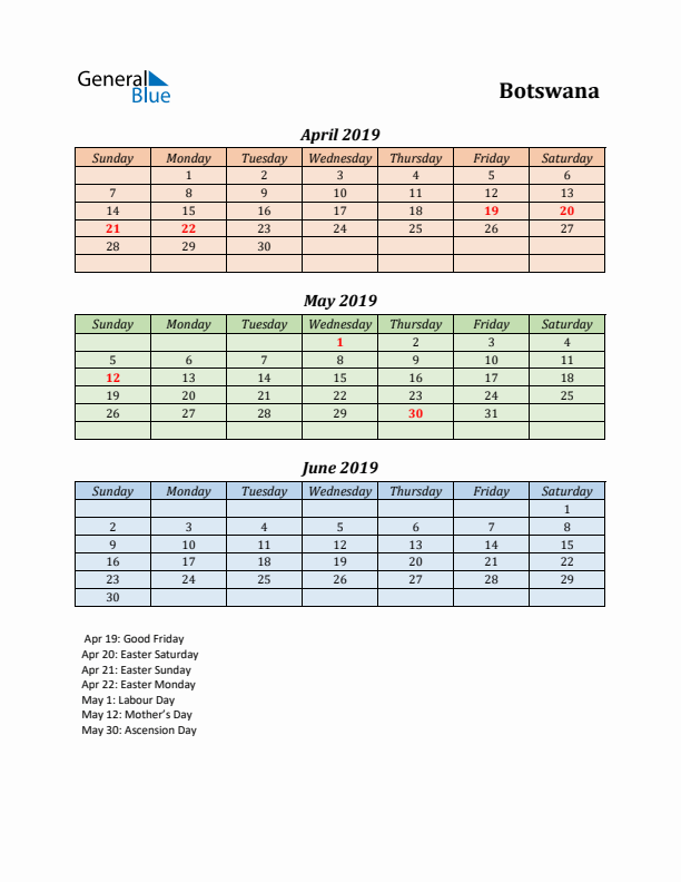 Q2 2019 Holiday Calendar - Botswana