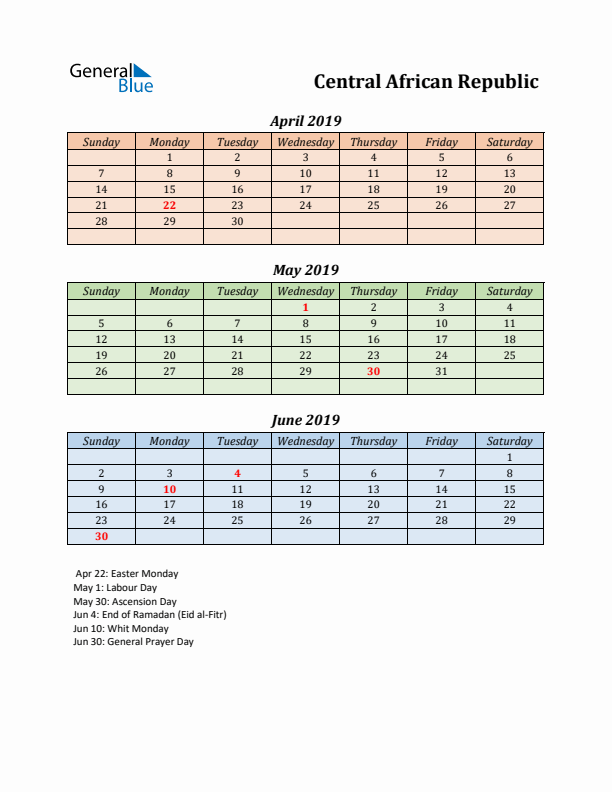 Q2 2019 Holiday Calendar - Central African Republic