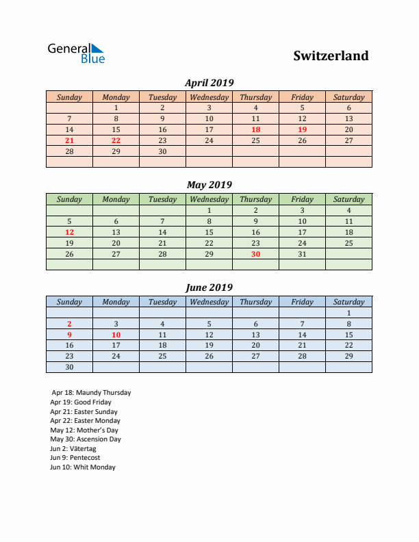 Q2 2019 Holiday Calendar - Switzerland