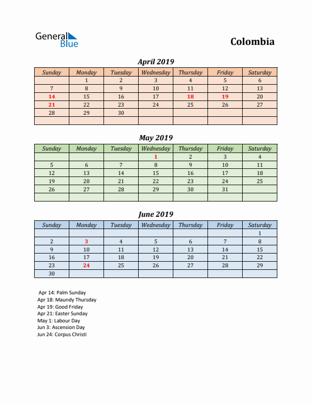 Q2 2019 Holiday Calendar - Colombia