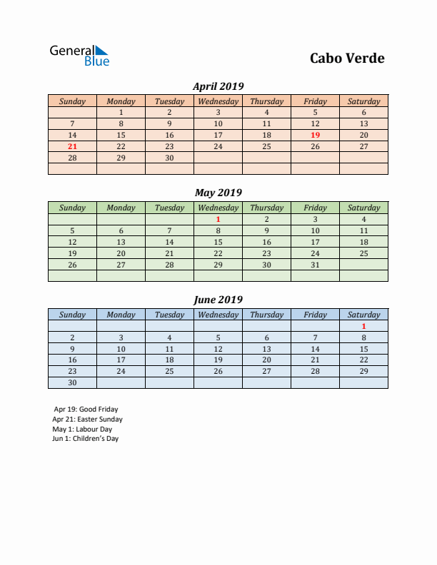 Q2 2019 Holiday Calendar - Cabo Verde