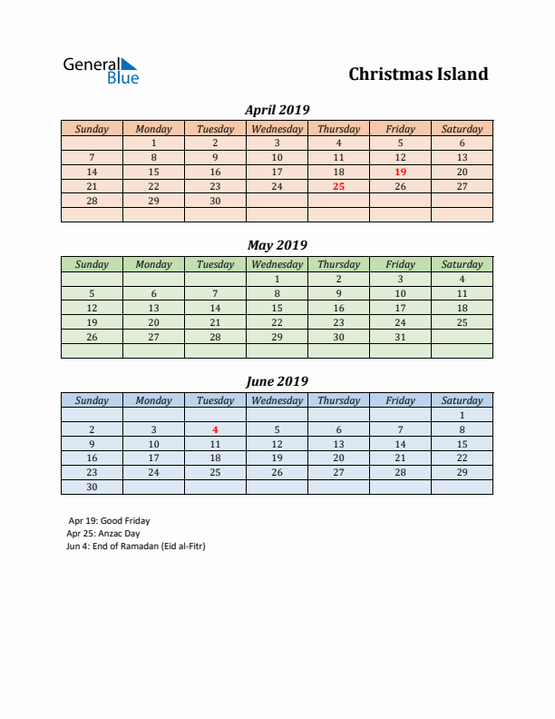 Q2 2019 Holiday Calendar - Christmas Island