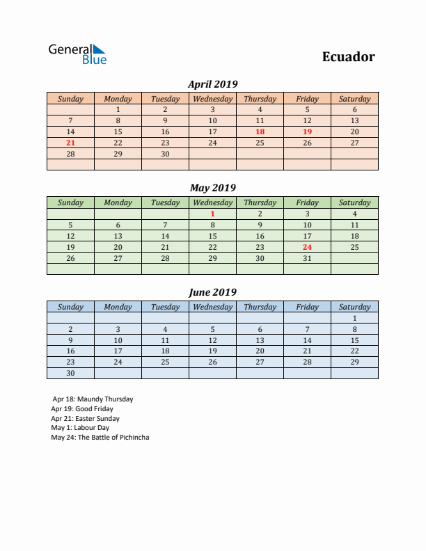 Q2 2019 Holiday Calendar - Ecuador