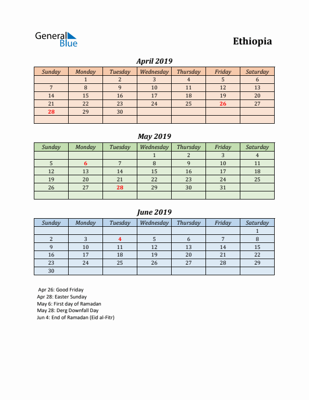 Q2 2019 Holiday Calendar - Ethiopia