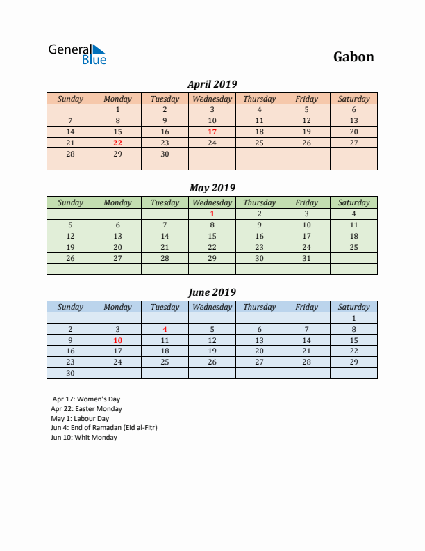 Q2 2019 Holiday Calendar - Gabon