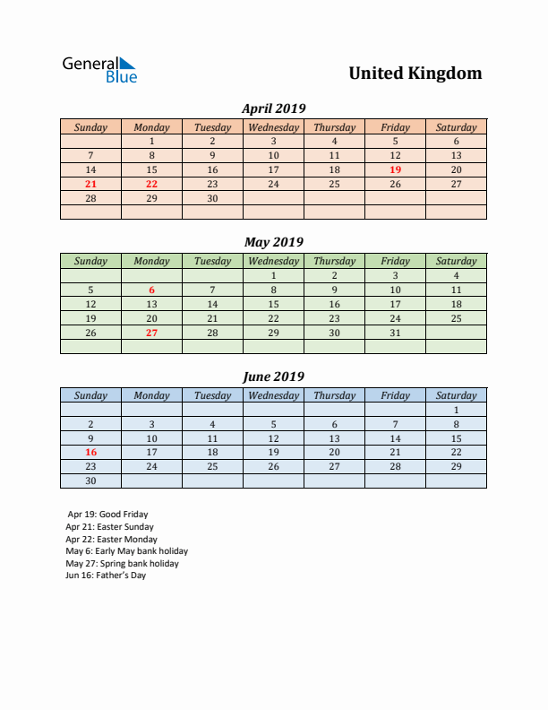 Q2 2019 Holiday Calendar - United Kingdom