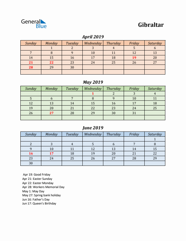 Q2 2019 Holiday Calendar - Gibraltar