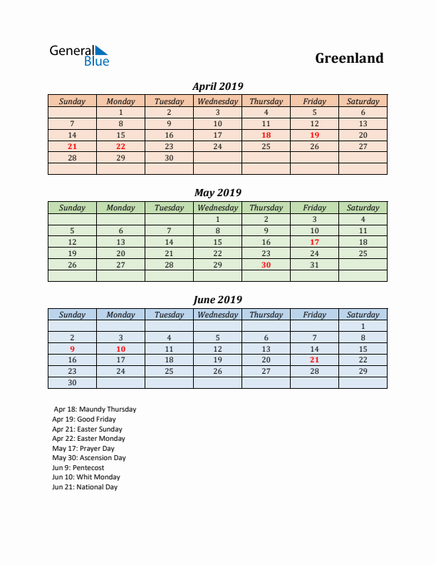 Q2 2019 Holiday Calendar - Greenland