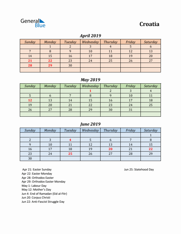 Q2 2019 Holiday Calendar - Croatia