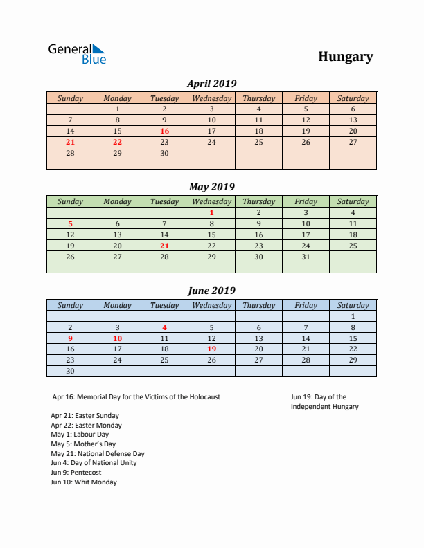 Q2 2019 Holiday Calendar - Hungary