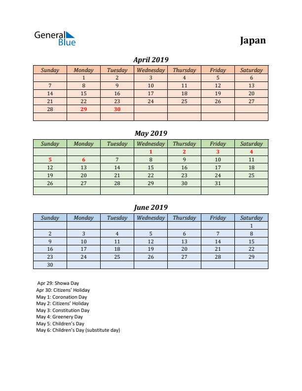 Q2 2019 Holiday Calendar - Japan