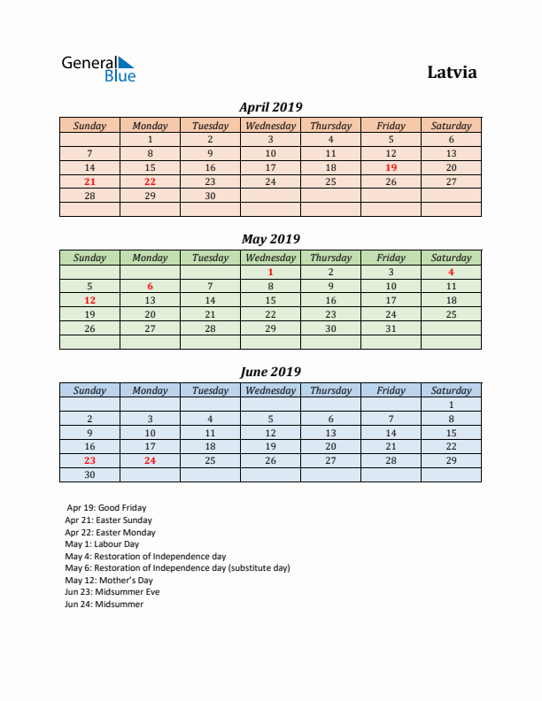 Q2 2019 Holiday Calendar - Latvia