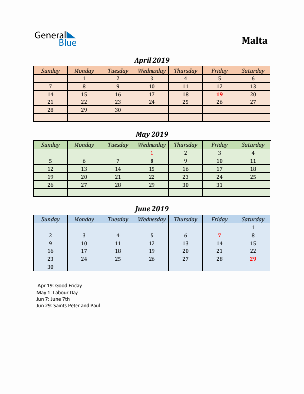 Q2 2019 Holiday Calendar - Malta