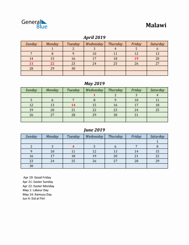 Q2 2019 Holiday Calendar - Malawi