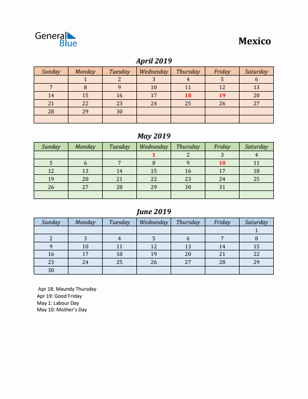 Q2 2019 Holiday Calendar - Mexico