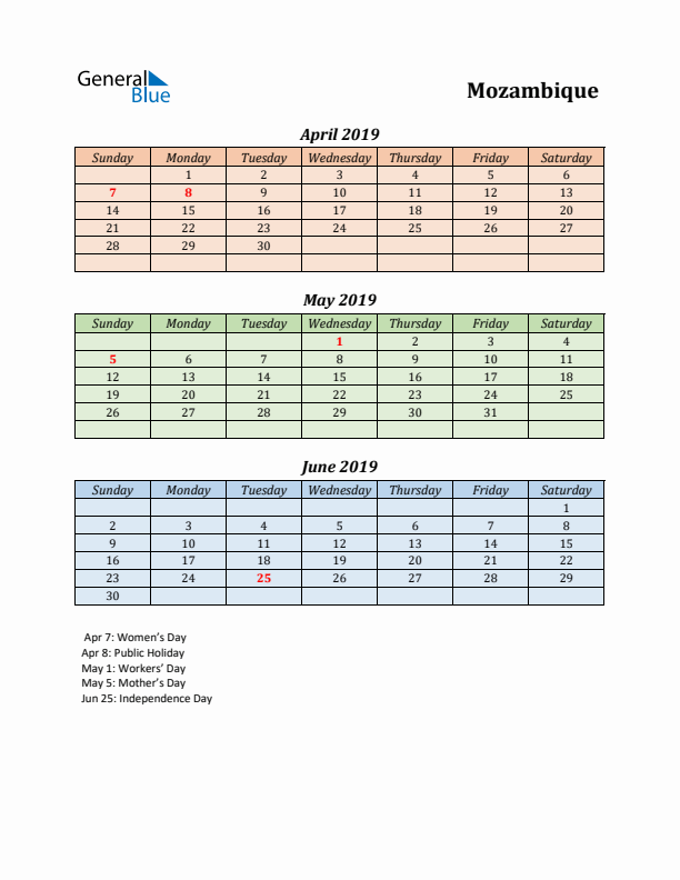 Q2 2019 Holiday Calendar - Mozambique