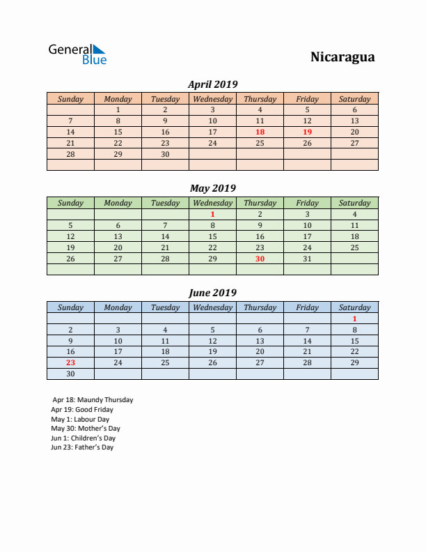 Q2 2019 Holiday Calendar - Nicaragua