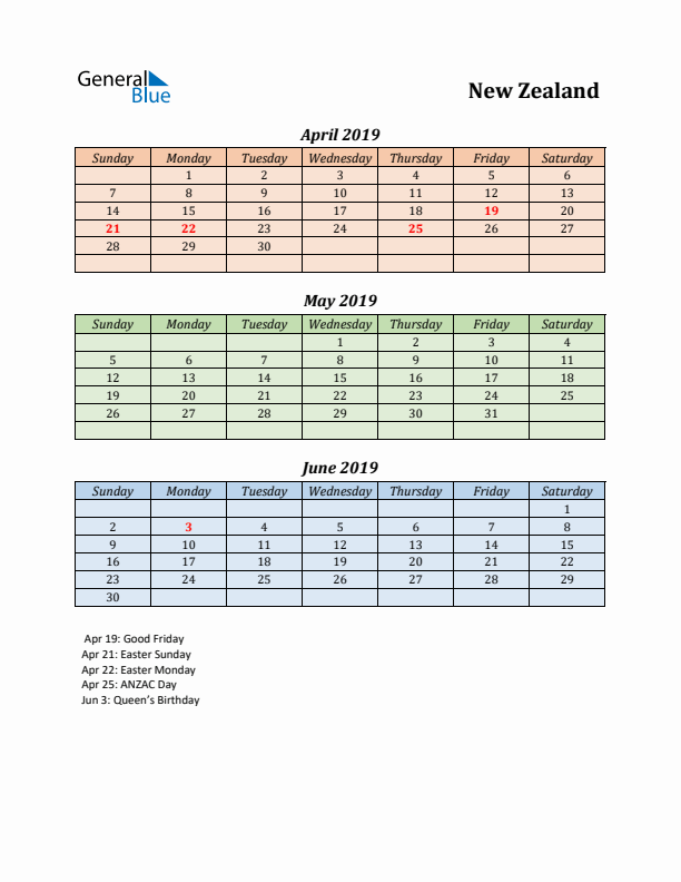 Q2 2019 Holiday Calendar - New Zealand