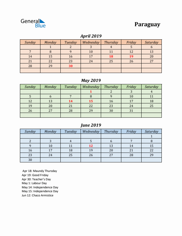 Q2 2019 Holiday Calendar - Paraguay