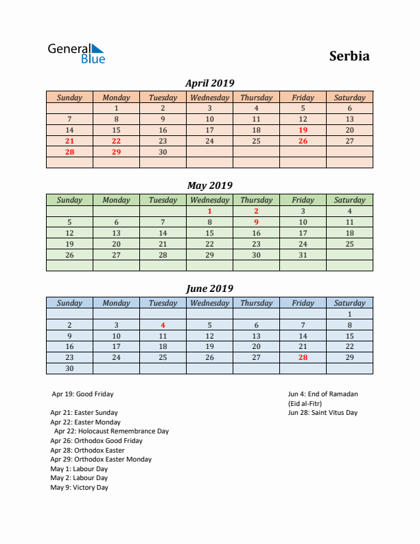 Q2 2019 Holiday Calendar - Serbia