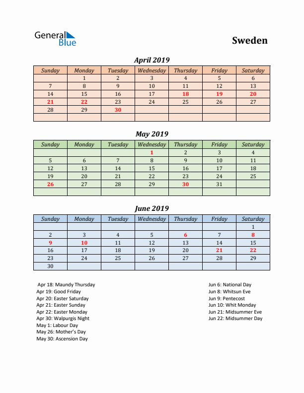 Q2 2019 Holiday Calendar - Sweden