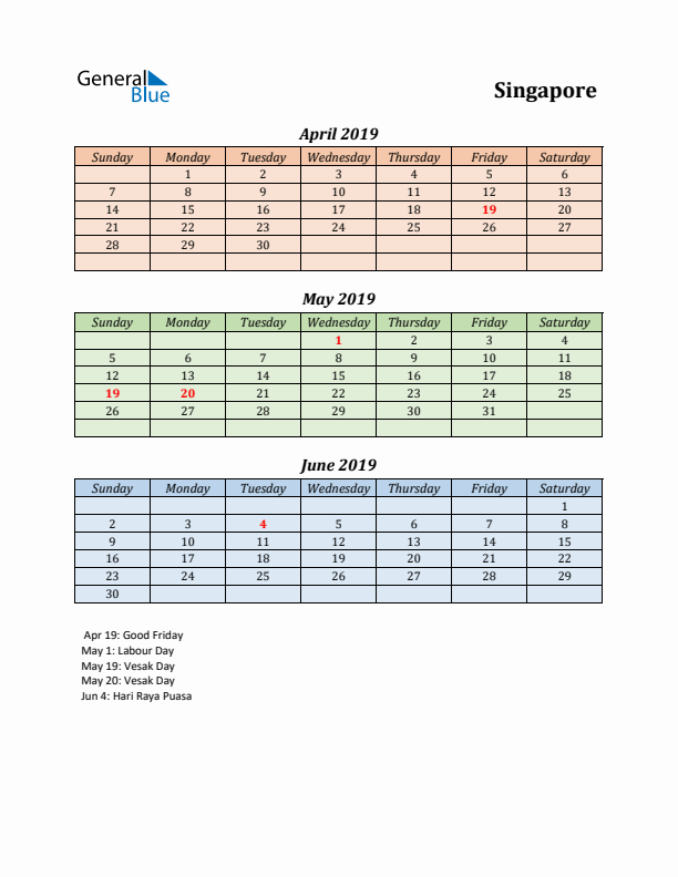 Q2 2019 Holiday Calendar - Singapore