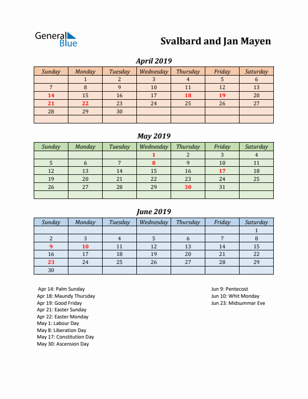 Q2 2019 Holiday Calendar - Svalbard and Jan Mayen