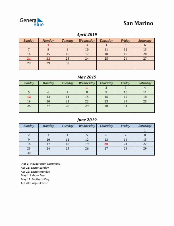 Q2 2019 Holiday Calendar - San Marino