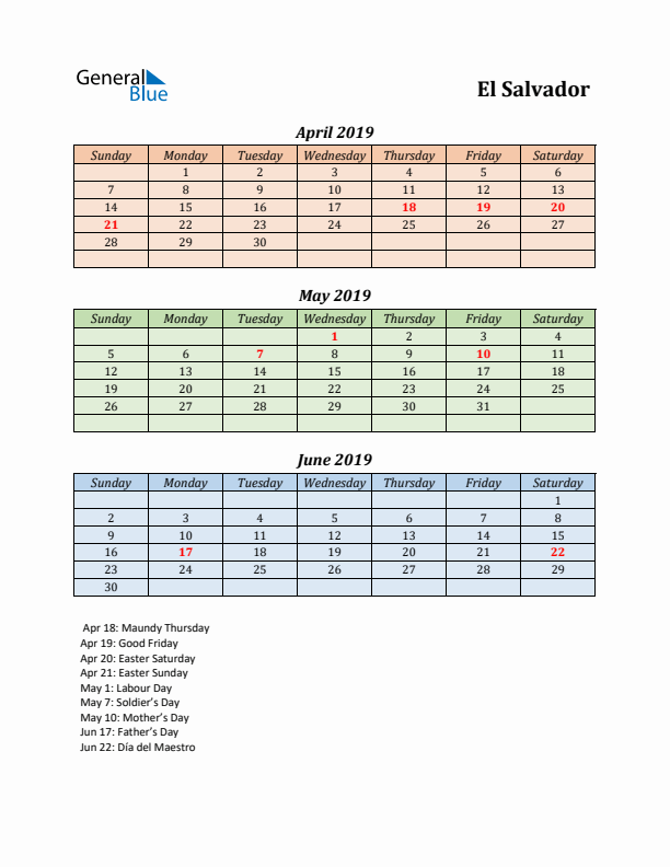 Q2 2019 Holiday Calendar - El Salvador