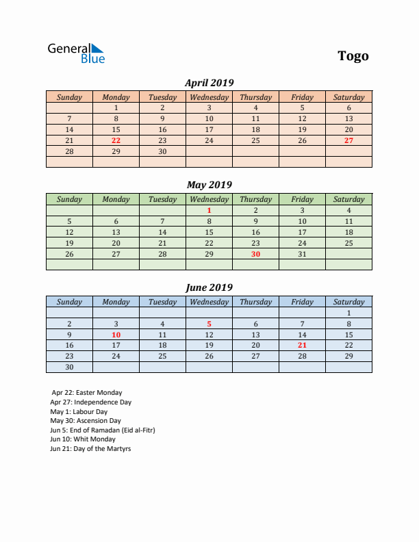 Q2 2019 Holiday Calendar - Togo