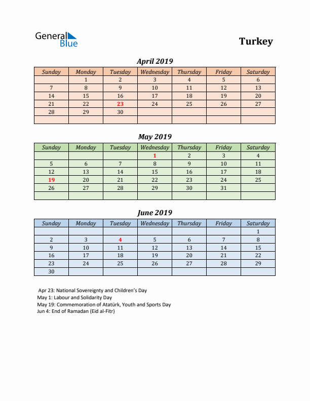 Q2 2019 Holiday Calendar - Turkey