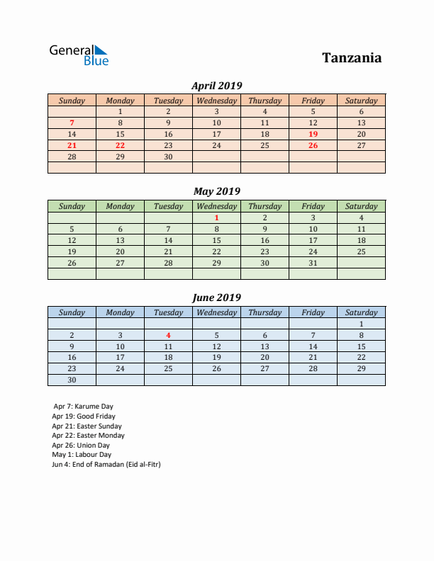 Q2 2019 Holiday Calendar - Tanzania