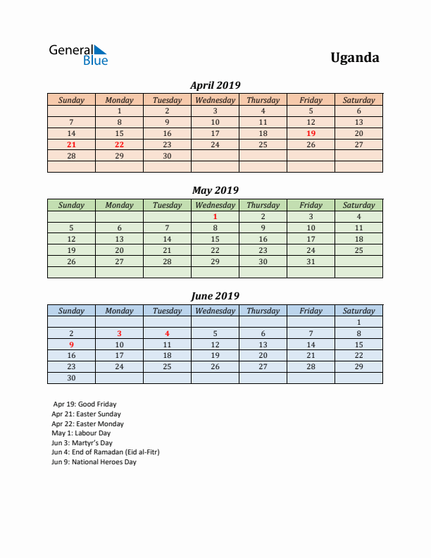 Q2 2019 Holiday Calendar - Uganda