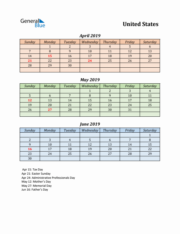 Q2 2019 Holiday Calendar - United States