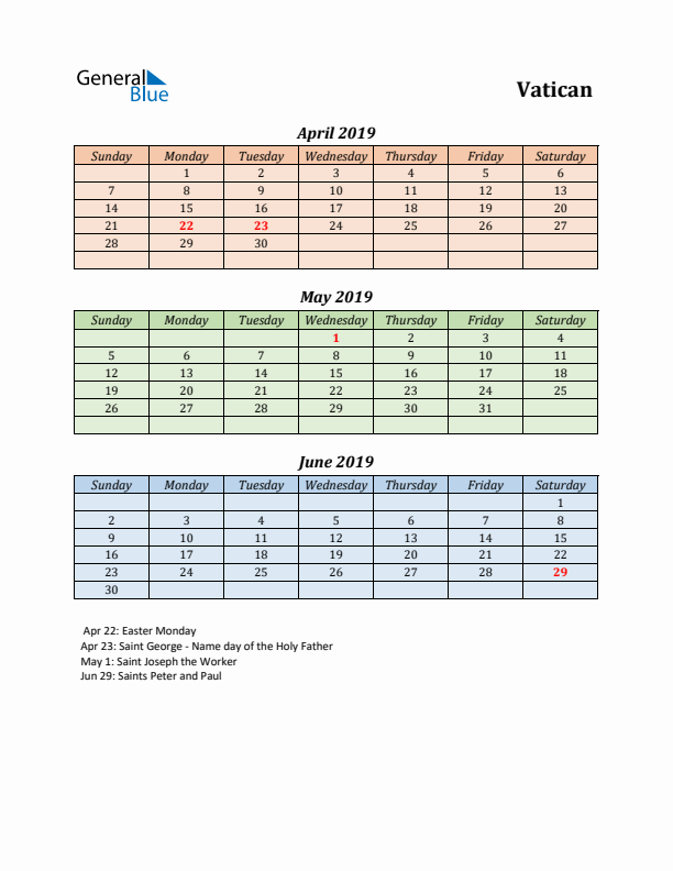 Q2 2019 Holiday Calendar - Vatican