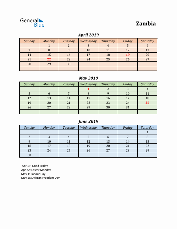 Q2 2019 Holiday Calendar - Zambia