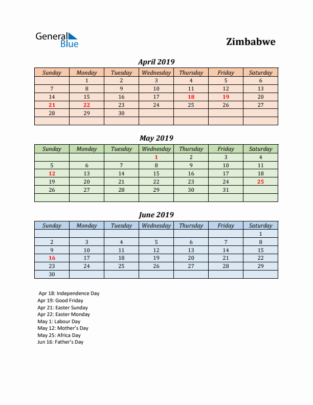 Q2 2019 Holiday Calendar - Zimbabwe