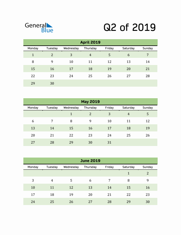 Printable Quarterly Calendar (Q2 2019)