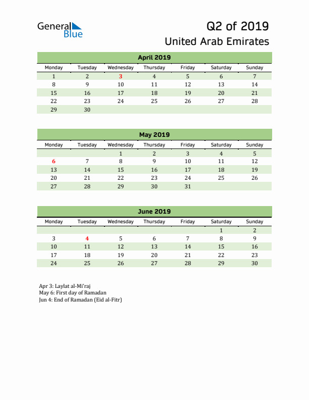 Quarterly Calendar 2019 with United Arab Emirates Holidays