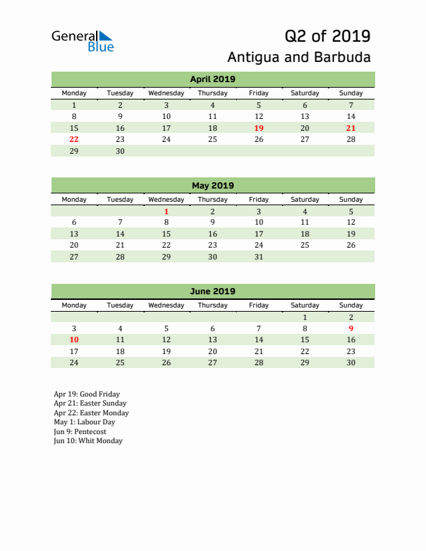 Quarterly Calendar 2019 with Antigua and Barbuda Holidays