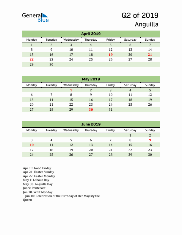 Quarterly Calendar 2019 with Anguilla Holidays