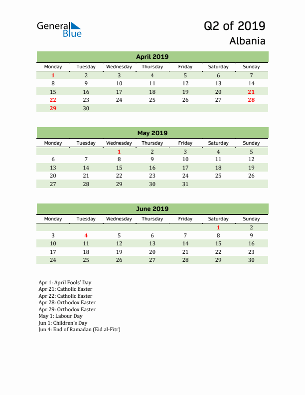 Quarterly Calendar 2019 with Albania Holidays