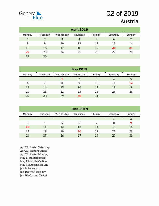 Quarterly Calendar 2019 with Austria Holidays